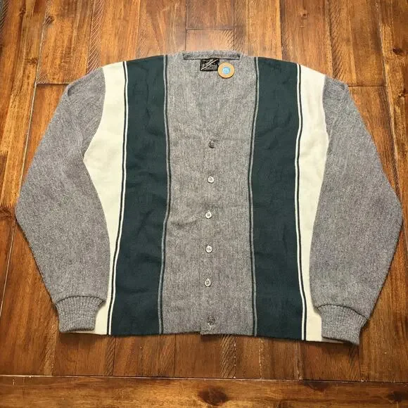 Vtg D'Italia Campus Sweater Mens XL Gray Green Stripe Knit Cardigan 90s